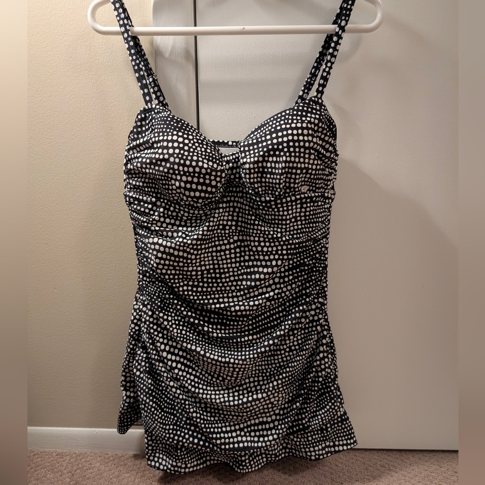 Beach Diva Black and White Polka Dot One Piece Swimsuit Swim Dress Size 14 NWOT